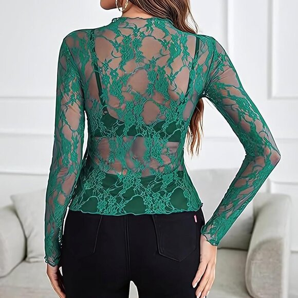 🆕Women Green Polyester Lace Long Sleeve Mesh Sheer Sexy See-Through Y2K Top - Picture 3 of 7